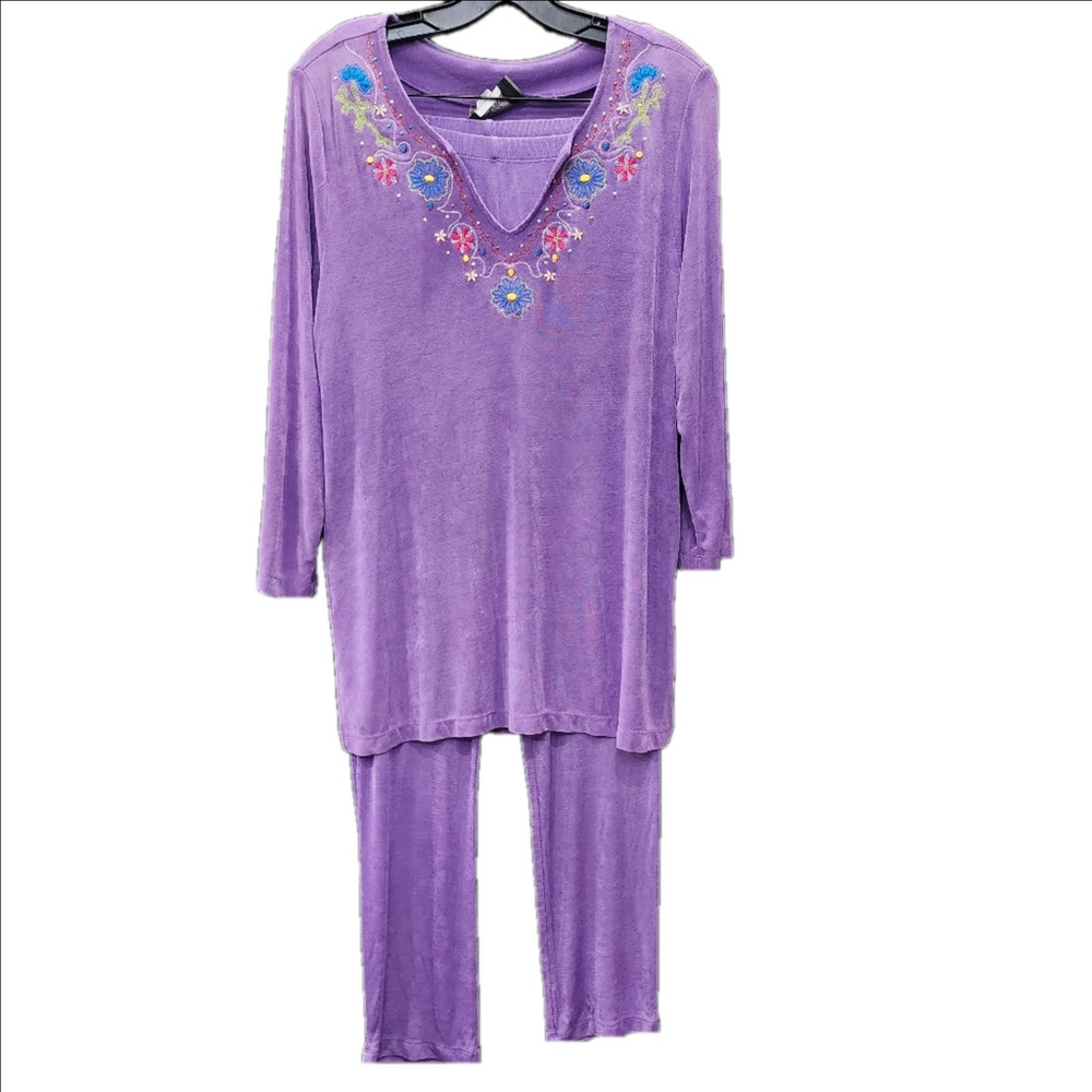 Slinky Brand Purple Embroidered Pantsuit
